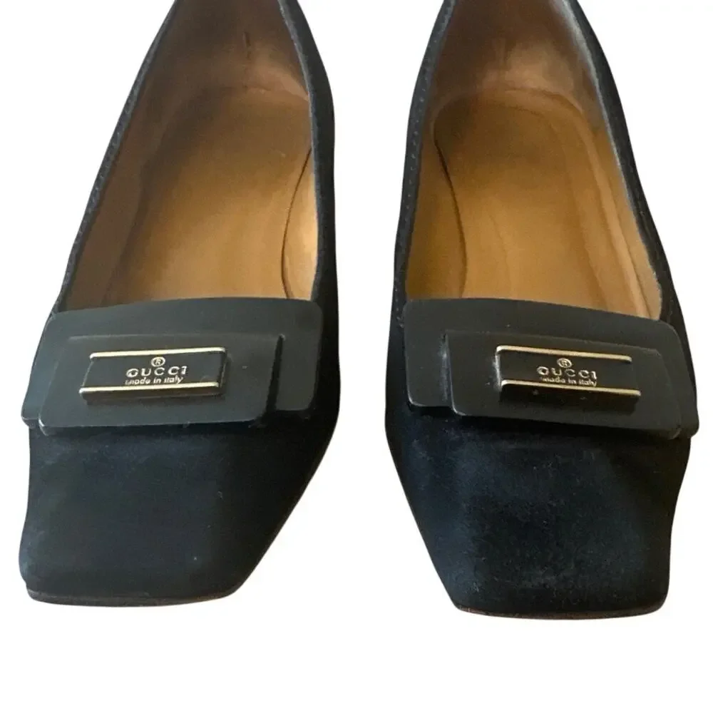 Vintage Gucci Black Suede Square Toe Kitten Heels Logo 36 - Picture 4 of 16